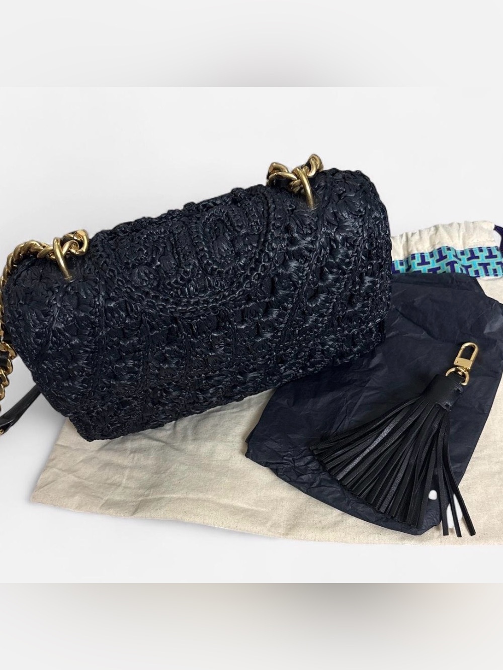 Tory Burch Small Fleming Black Raffia Woven Shoulder Bag Gold Hardware Tassel